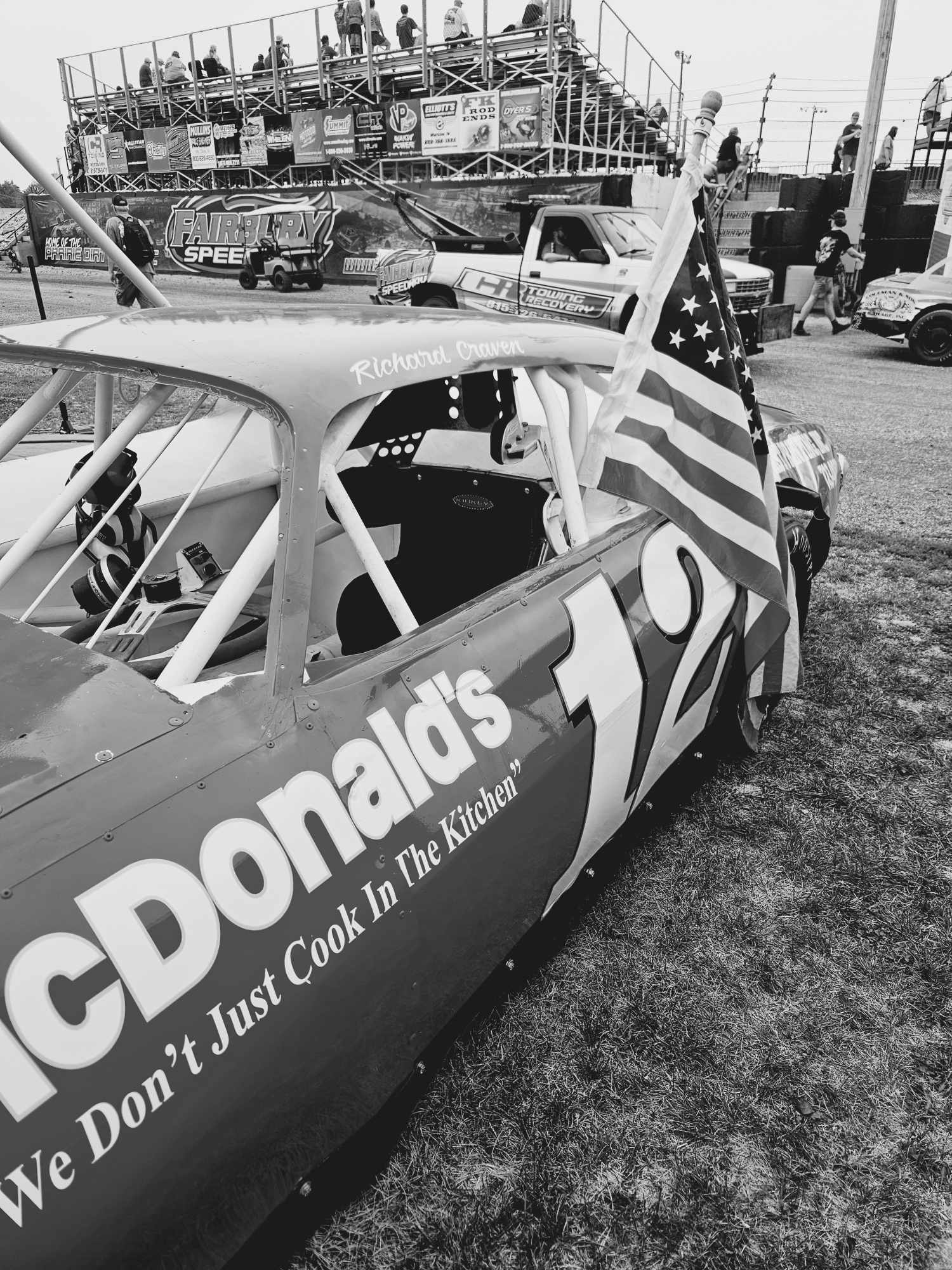 Richard's race car with US flag in black and white